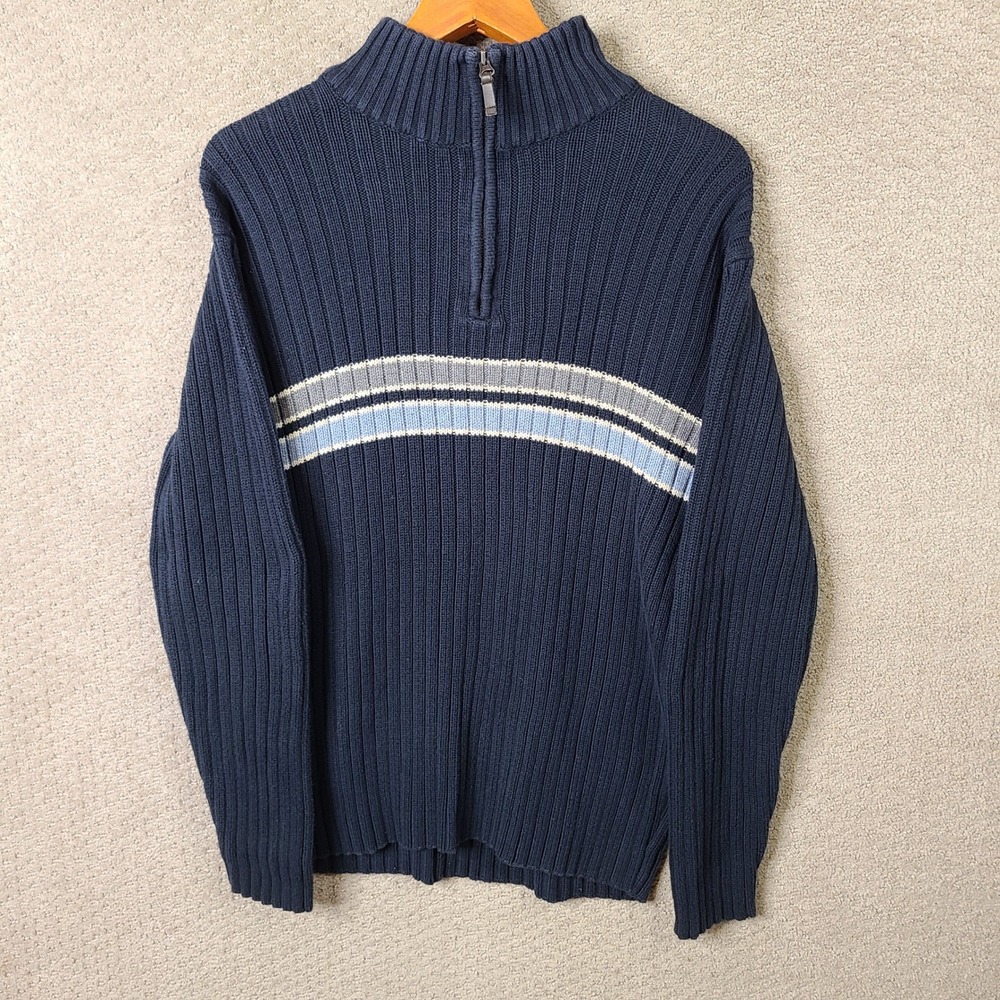 Old Navy Sweater Mens Large Navy Blue Striped Quarter Zip Ribbed Cotton Casual